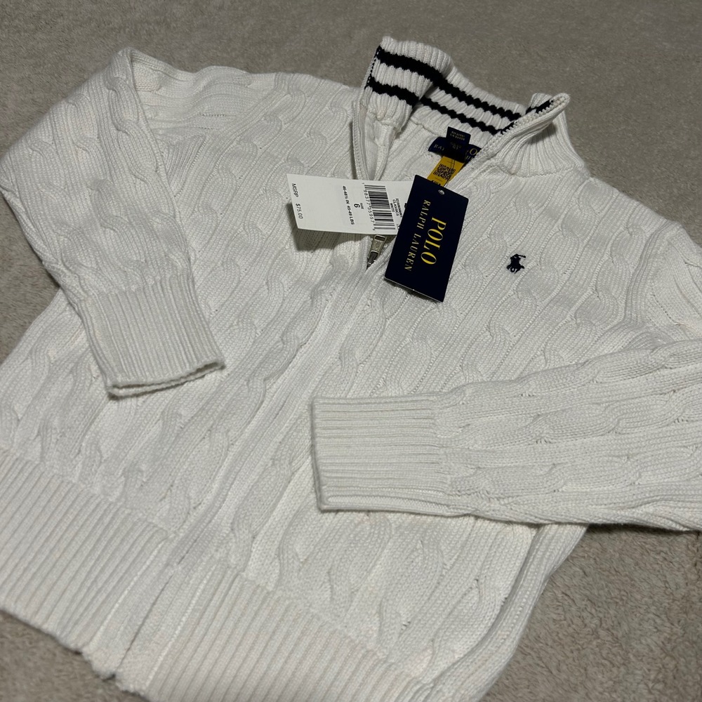 Polo Ralph Lauren Zip Cardigan Boys Size 6 White Cable Knit Pony Logo NWT